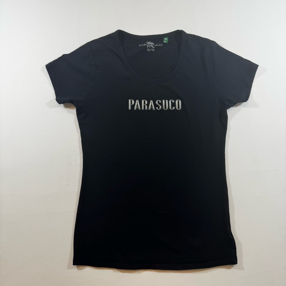 Parasuco Women’s Logo T-Shirt XL Black Organic Cotton‎ Stretch Y2K Fitted Tee